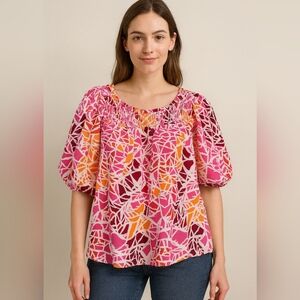 #178 Hailey & Co Pink Orange Abstract Print Tie Neck Blouse Women’s Large